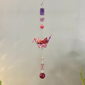 Origami Ornament #2376 - Small Crane with Stone and Glass Beads